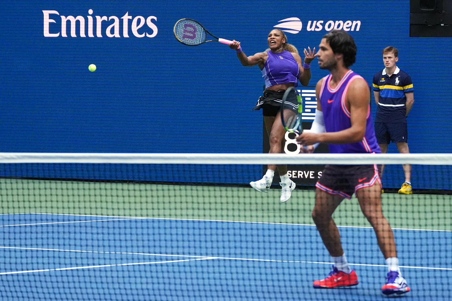 Serena Williams and Carlos Alcaraz competing together in 2026 US Open mixed doubles